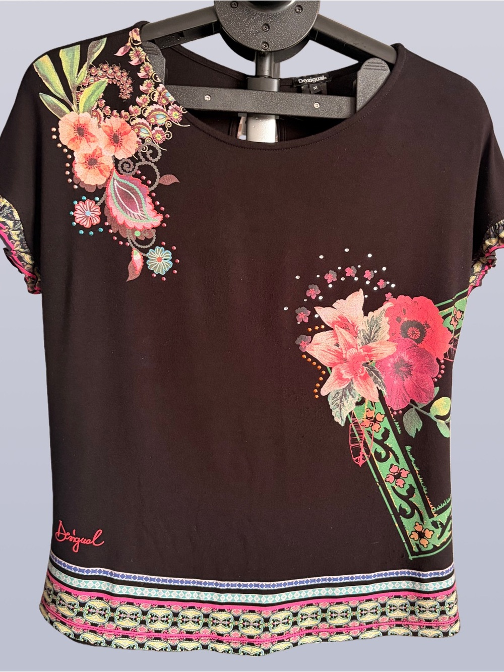 Desigual Black Tee with Pink & Green Floral Accents